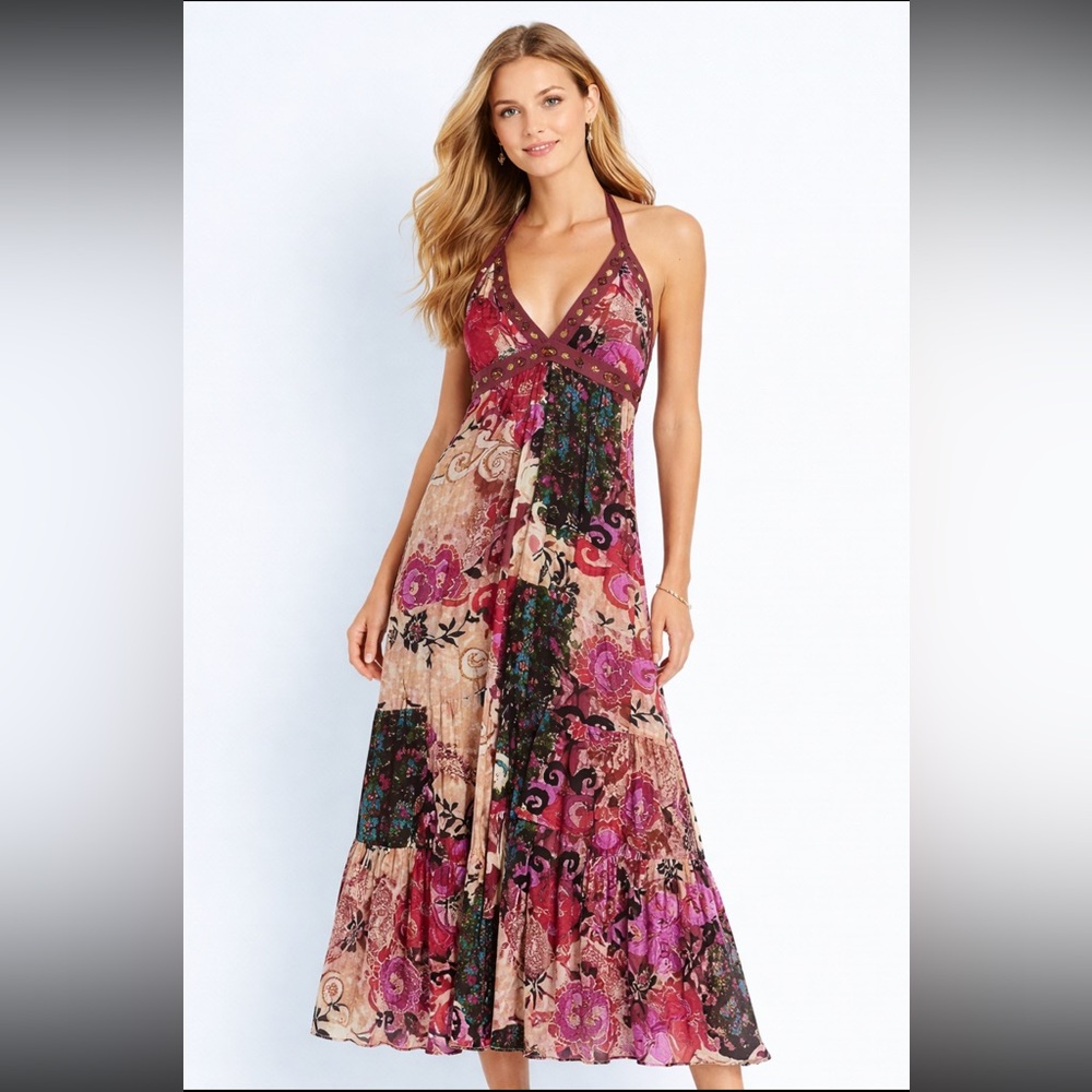 Halter Floral Beaded Patch Work Summer Maxi Beach casual Dress size S